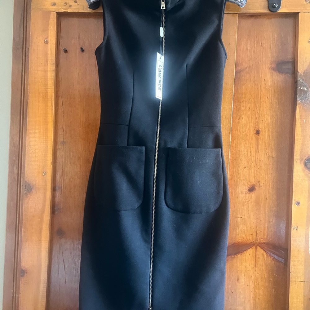 L'AGENCE Black Mini Dress with Pockets and zipper front.